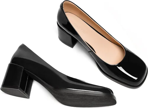 Vista 6 de FEMSTEP Zapatos de tacón medio con puntera cuadrada para mujer, de charol y tacón medio, de 2.5 pulgadas