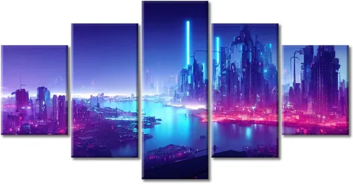 Vista 397 de Cuadros de 5 paneles de Cyberpunk City, arte de pared, representación de vallas publicitarias, edificios modernos en la capital con obras de arte