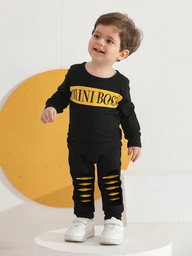 Vista 5 de Conjunto de 2 piezas de sudadera con estampado de letras de manga larga y pantalones para bebé niño