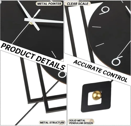 Vista 2 de Reloj de pared con péndulo, silencioso de calidad de cuarzo operado con batería, relojes de pared grandes modernos para decoración de sala de estar