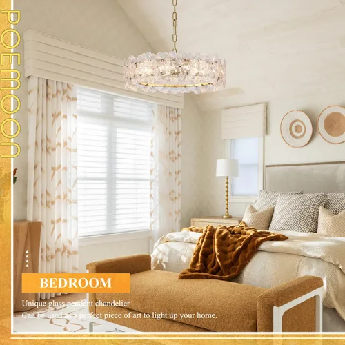 Vista 9 de Moderno candelabro de cristal transparente de flores de 20 pulgadas, elegante, 6 luces, lámpara dorada de lujo para sala de estar, comedor, cocina