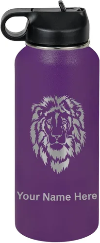 Vista 46 de LaserGram Botella de agua personalizada, cabeza de león, acero inoxidable de doble pared aislada al vacío con popote superior, regalo grabado