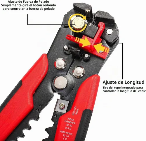 Vista 6 de Cortador de alambre autoajustable 5 en 1, herramienta multifuncional para prensado de cables, engarzado, corte, 10-24 AWG, 0.2-6.0 mm², (rojo)