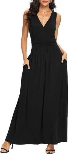 Vista 3 de Lilbetter - Vestido largo, simple, sin mangas, escote en V profundo, color liso, suelto, informal, para mujer