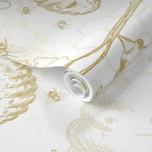 Vista 2 de Muestra de papel tapiz extraíble – Colmena de abeja Toile flores amarillas grandes mostaza oro abeja miel papel pintado personalizado pre-pegado por