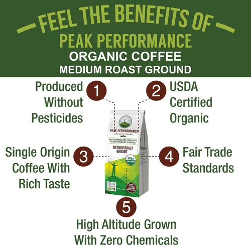 Vista 3 de Peak Performance Café orgánico de altura. Sin pesticidas, Comercio justo, no OMG, lleno de antioxidantes. Frijoles y tierra saludables