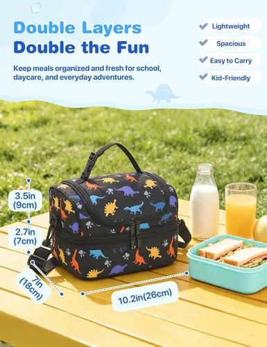 Vista 2 de VASCHY - Lonchera para niños, bolsas de almuerzo aisladas de dos compartimentos para niños y niñas con correa para el hombro para la escuela