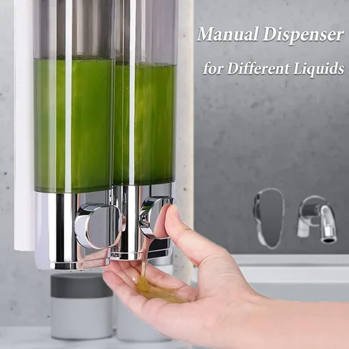 Vista 3 de Dispensador de jabón montado en la pared para baño, 2 cámaras, dispensador de jabón de ducha de 20.3 fl oz, dispensador de jabón corporal