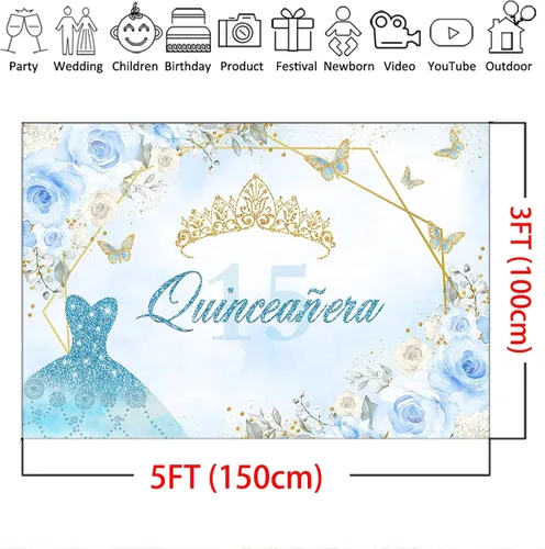 Vista 4 de Mocsicka Telón de fondo de quinceañera para cumpleaños de 15 años con corona dorada para fotos, fondo de fotografía de princesa real Mis membrillo