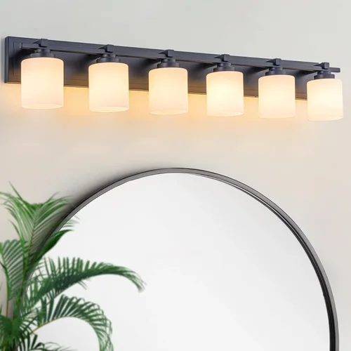 Vista 12 de 1 Luminaria Moderna de Baño sobre Espejo, Luces de Tocador Negro Dorado para Apliques de Pared de Baño con Pantallas de Vidrio Blanco Lechoso