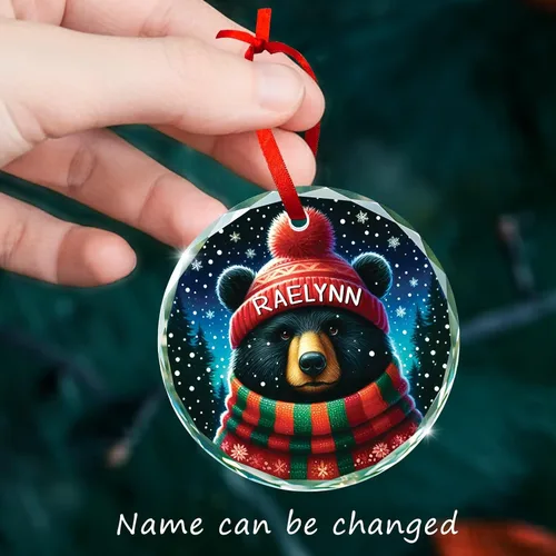 Vista 2 de Adorno de cristal de oso personalizado 2025, regalo de Navidad de oso para hijo, hija, amantes de los animales, adornos personalizados de osos