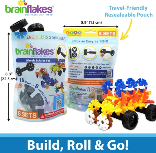 Vista 3 de Brain Flakes Kit de viaje adicional para 16 ruedas y 8 ejes, construye autos, camiones, cualquier cosa que gire, discos de marca compatibles, un