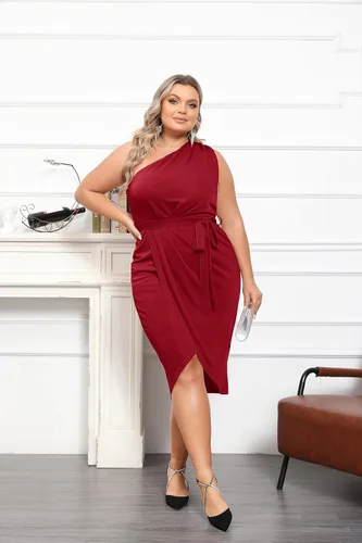 Vista 2 de Hanna Nikole Vestidos de fiesta ajustados de un hombro para mujer, talla grande, con dobladillo envolvente con purpurina, con cinturón, vestido midi