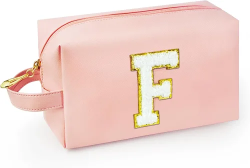 Vista 21 de Bolsa de maquillaje personalizada con inicial con asa, bolsa de cosméticos de preparación con bolsillo interior con cremallera, 8, 9, 10, 11, 12 Rosa
