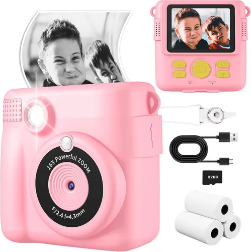 Vista 12 de Cámara para niños con impresión instantánea, cámara segura para niños pequeños, pantalla de 2.4 pulgadas, 1080P con zoom 16X, tarjeta TF de 32GB
