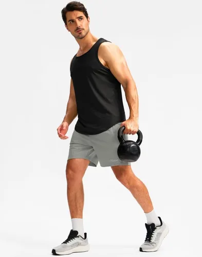 Vista 6 de Pudolla Pantalones cortos de entrenamiento para hombre con 3 bolsillos con cremallera, ligeros de 7 pulgadas, pantalones cortos de gimnasio