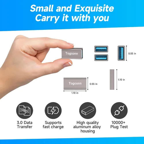 Vista 2 de Paquete de 2 acopladores USB, carcasa de aluminio USB 3.0 tipo A hembra a hembra, compatible con transferencia de datos de 5 Gbps y carga rápida