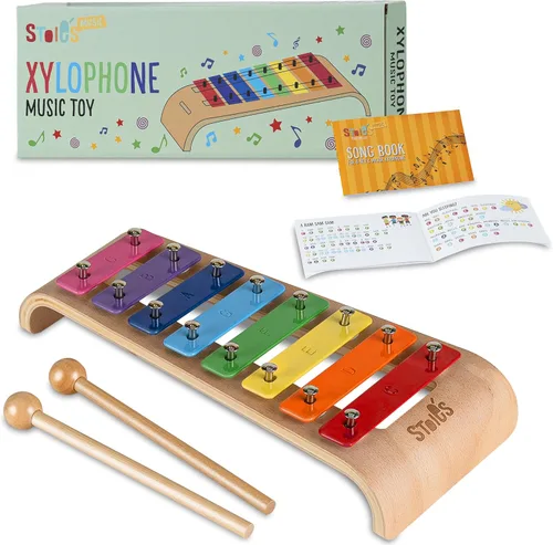 Vista 9 de Stoie's Xilófono de madera para niños y bebés, diseño amigable para niños, xilófono de 8 notas con colores de alegría afinado en C-Key con mazos