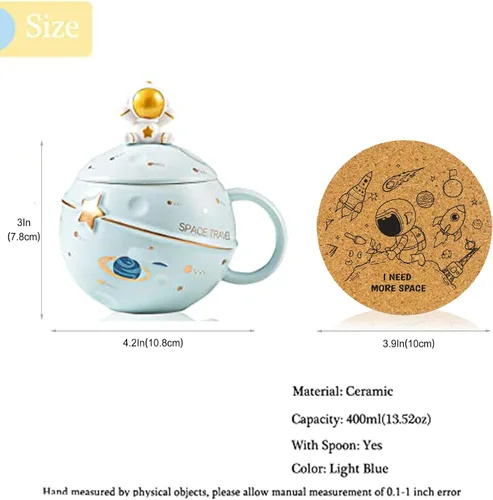 Vista 4 de Yalucky Taza Kawaii de Astronauta Copa Espacial con Planeta en Relieve, Linda Taza de Café de Cerámica, Taza Novedosa con Tapa y Cuchara para Café