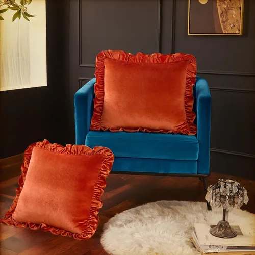 Vista 3 de Juego de 2 fundas de almohada de terciopelo, suaves fundas decorativas con volantes para sofá, sofá cama y dormitorio, 18 x 18 pulgadas, naranja