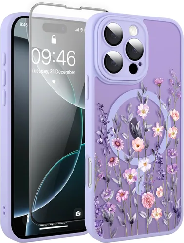 Vista 24 de Magnético para iPhone 13 con protector de pantalla [Compatible con MagSafe] Diseño de patrón floral de flores bonitas, funda delgada a prueba
