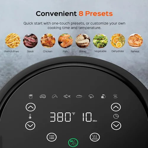 Vista 4 de DREO Freidora de aire – 100 ℉ a 450 ℉, olla de horno caliente de 4 cuartos con 50 recetas, 9 funciones de cocción en pantalla táctil fácil
