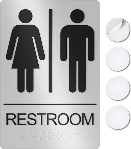 Vista 14 de Letreros unisex de baño, letrero de baño para negocios, para hombres y mujeres, 9 x 6 pulgadas, compatible con la ADA con Braille, adhesivos fuertes