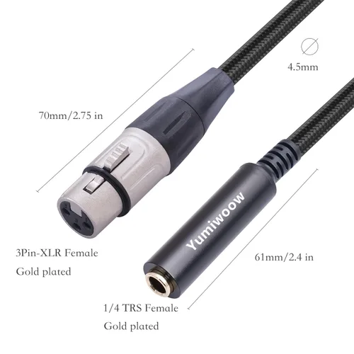 Vista 3 de Cable XLR hembra a hembra de 1/4 de pulgada, cable de audio hembra de 3 pines a enchufe de 0.250 in, conector XLR Jack a TS/TRS adaptador de cuarto