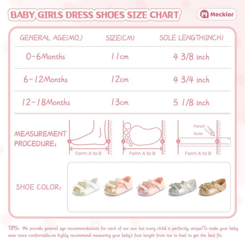 Vista 6 de Meckior Zapatos deportivos para bebé y niñas, suela suave, con lazo, princesa, vestido de boda, Mary Jane, planos, para recién nacidos, ligeros