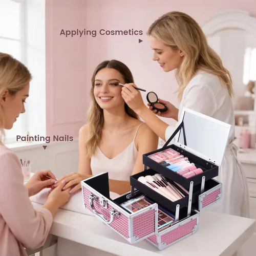 Vista 7 de Estuche de Tren de Maquillaje FRENESSA Caja de Maquillaje Organizador Portátil Estuche de Cosméticos para Viaje Estuche de Maquillaje con Espejo