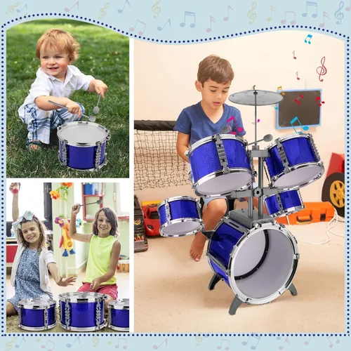 Vista 5 de Juego de batería para niños, 5 piezas, kit de batería de jazz con taburete Azul