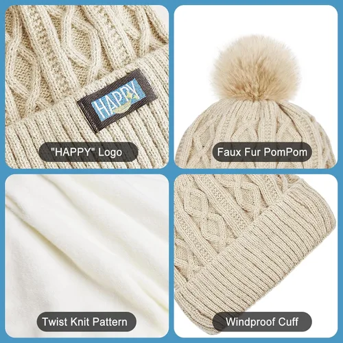 Vista 2 de LBTING Gorro de invierno para mujer, cálido forro polar de punto suave con pompón para clima frío