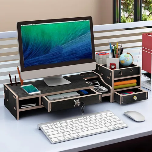 Vista 3 de Monitor Riser Wooden Desktop Organizer Shelf Black