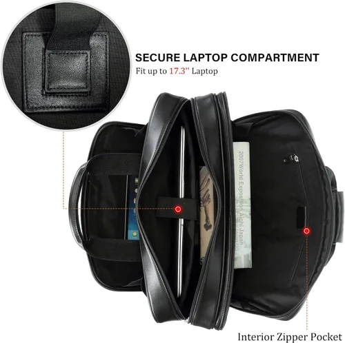 Vista 5 de Maletín para portátil de 17.3 pulgadas de cuero de grano completo sólido grueso para hombre, bolsa de mensajero clásica para viajes de negocios