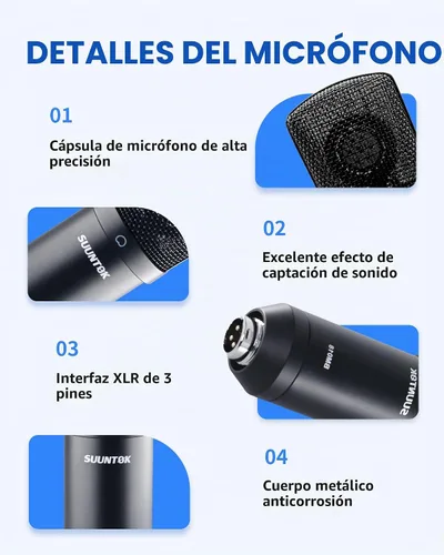 Vista 4 de SUUNTOK XLR Micrófono de condensador de grabación para PC, computadora en casa, estudio, cardioide, podcast, kit de micrófono para transmisión Negro