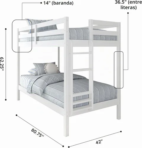 Vista 2 de Grain & Grove - Litera de dos camas con oso, estructura de litera resistente para niños, litera de madera contrachapada con escalera, barandilla