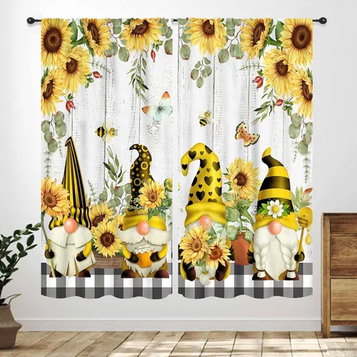 Vista 17 de Cortinas infantiles de abejas, cortinas de campo de primavera de acuarela de girasoles florales de nido de abeja, adorables abejas, cortinas