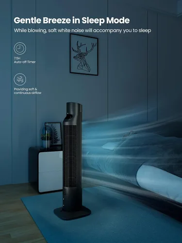 Vista 4 de Uthfy Ventilador de torre para dormitorio, ventilador oscilante de 120° con modo de sueño silencioso, 3 velocidades y 3 modos, temporizador 7.5H