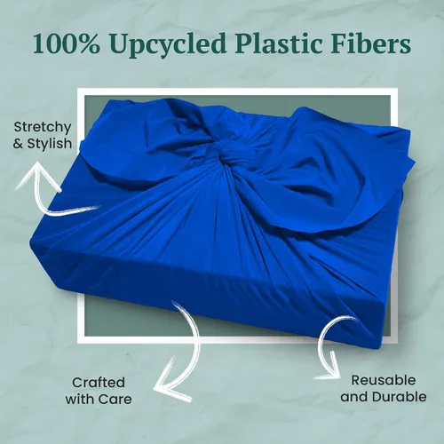 Vista 2 de SHIKIWRAP Envoltura de regalo de tela reutilizable – Pequeño 18 pulgadas azul profundo ecológico reversible, envoltura de tela Furoshiki elástica