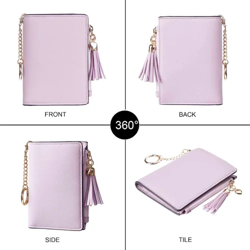 Vista 3 de Gostwo Mini cartera pequeña plegable para mujer con borla y bolsillo con cremallera para monedas, Purple With Key Chain