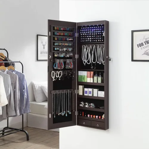 Vista 3 de GISSAR Armario de joyería con espejo de longitud completa, 6 luces LED, armario de joyería montado en la pared sobre la puerta, organizador de joyas