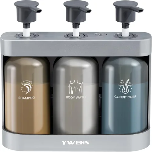 Vista 9 de Dispensador de champú y acondicionador, dispensador de jabón de ducha, 2 cámaras, sin taladro, dispensador de champú para ducha montado en la pared