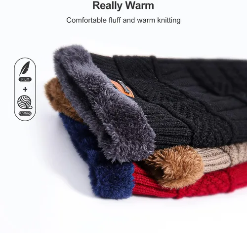 Vista 5 de Conjunto de bufanda y gorro de invierno, gorro cálido con forro polar, gorro de punto grueso para hombres y mujeres Negro