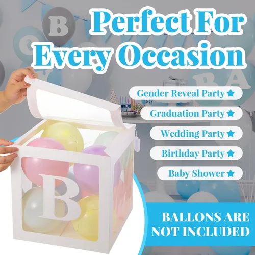 Vista 4 de Sratte Caja de globos con letras y números, cajas de bloques transparentes con luces LED para decoración de fiesta de ducha, cumpleaños, boda Blanco