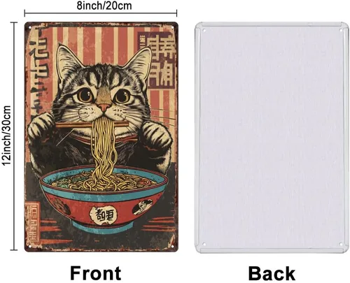 Vista 2 de SUPERDANT Cartel de metal retro con diseño de gato que come fideos, letrero decorativo de dibujos animados para el hogar, sala de estar, dormitorio