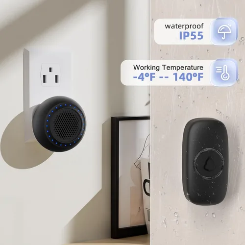 Vista 4 de Campanas de puerta inalámbricas para hogares, kits de timbre con 1 transmisor, 1 receptor, funcionamiento impermeable a un rango de 1000 pies, 48