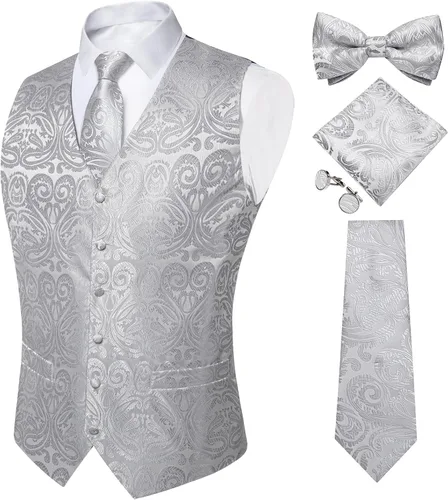 Vista 26 de DiBanGu Conjunto de 5 chalecos de seda con corbata y corbatín para hombre Paisley oro negro