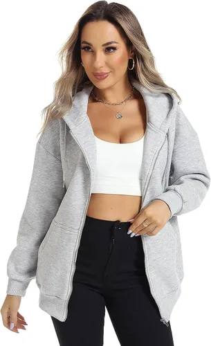Vista 3 de ROYLAMP Sudaderas con capucha de gran tamaño con cremallera para mujer, sudaderas con capucha y bolsillos, para otoño e invierno