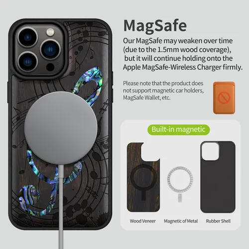 Vista 5 de Carveit Funda magnética protectora de madera de diseñador para iPhone 14 Pro Max [grabado en madera e incrustaciones de carcasa] Funda de madera
