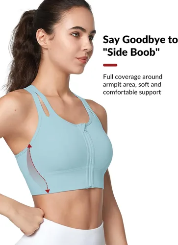 Vista 3 de Yvette Sujetadores deportivos para mujer de alto impacto con cremallera frontal, brasier deportivo de alto soporte, busto grande para entrenamiento